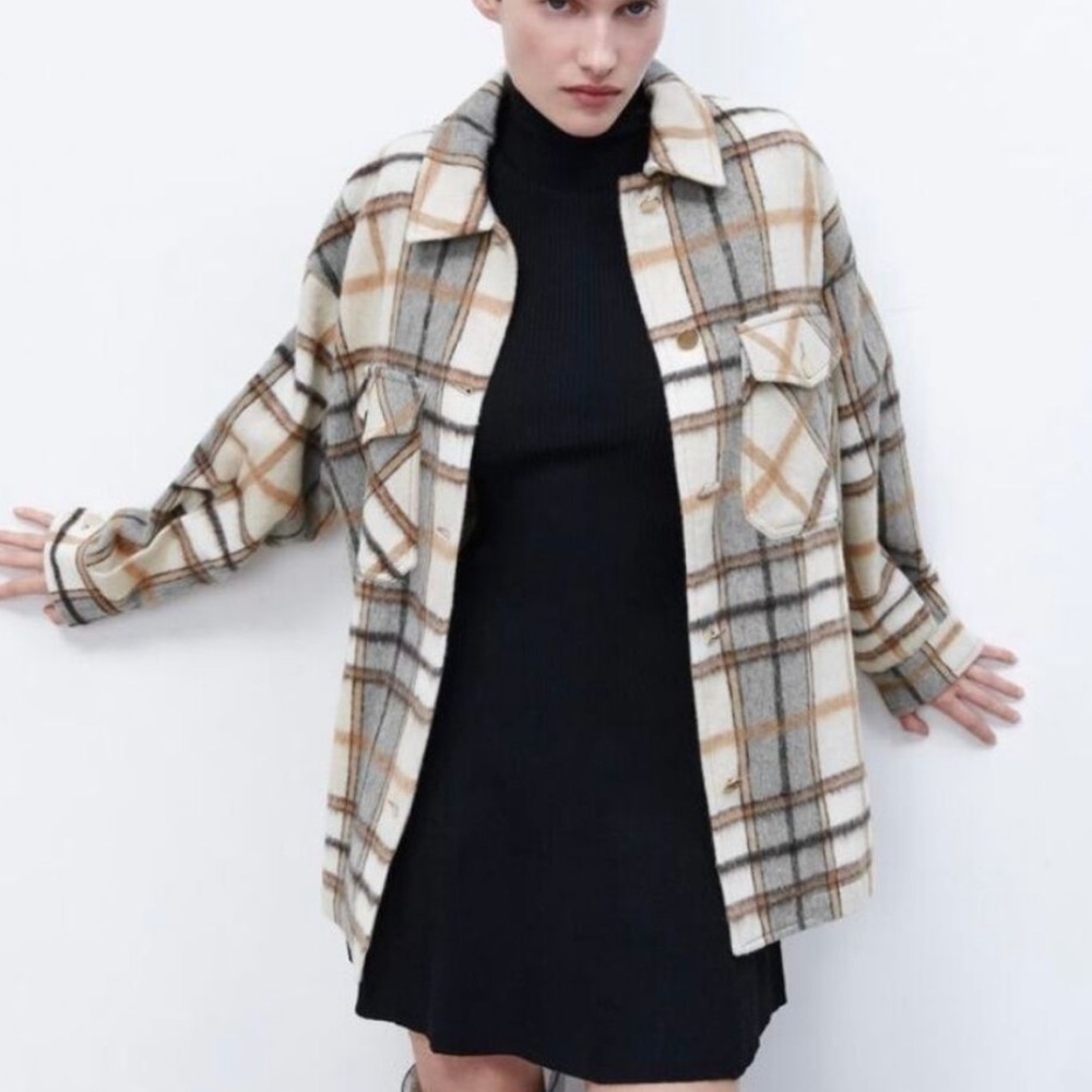 Zara Plaid Shirt Jacket Shacket Oversized Long Sleeve Button Up  Ecru Womens XS